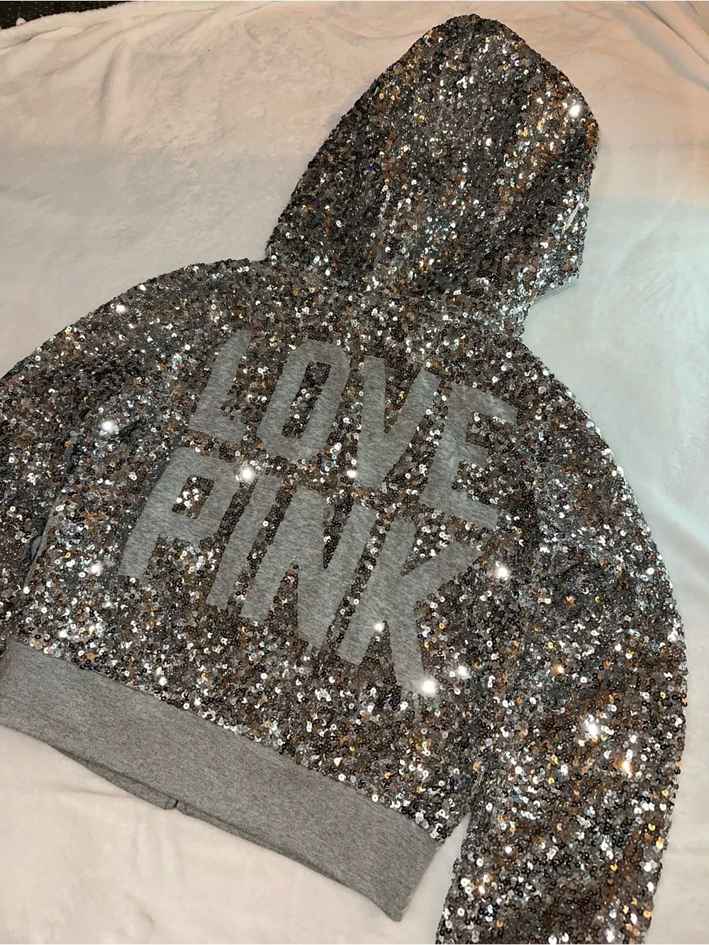 PINK Victoria's Secret Silver Sequin 'LOVE PINK' Hoodie - Picture 1 of 10